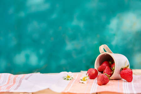 Strawberries in a metal aluminum travel mug, green background. Cottagecore aesthetics concept, trendy shadows background. Copy space. High quality photoの写真素材