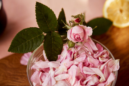 Aesthetic homemade organic jam preparing with tea rose petals. lifestyle photography