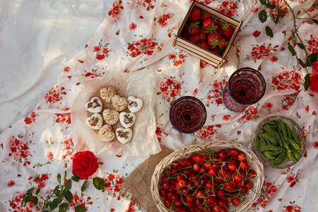 Pink summer picnic in the backyard. Flat lay tablecloth, box of marshmallows, strawberries,...