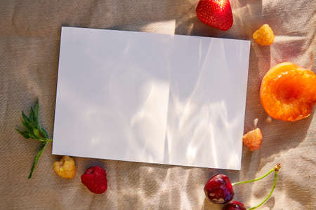 Aesthetic summer seasonal stationery card mockup among bright fruits and berries. Menu, recipe, postcard, invitation design flat lay with copy space. copyspace.の写真素材