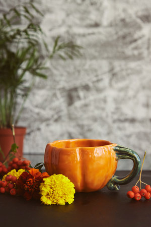 Cozy aesthetic creative cup in shape of pumpkin, herbal tea among rowan berries, acorns, marigold, chrysanthemum. Cozy sustainable eco-friendly teatime.の写真素材