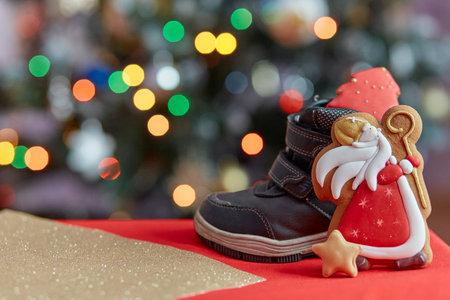 Boots filled of treats. Saint Nicholas cookies on bokeh background. Traditional holiday in Europe....