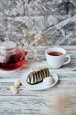 Aesthetic dessert no sugar, gluten free mango vegan with carob. natural organic tea. Healthy aesthetic breakfast.の写真素材
