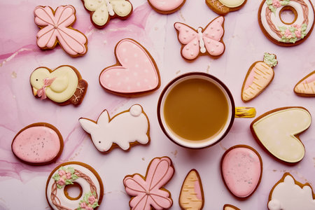 Aesthetics Easter background - pastel cookies and coffee. Spring card with baked glazed symbols of Easter on pink backgroundの写真素材
