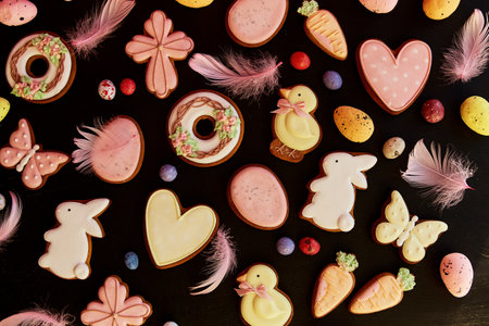 Springtime Easter aesthetics glazed cookies decorated feathers on black background. Happy Easter banner.の写真素材