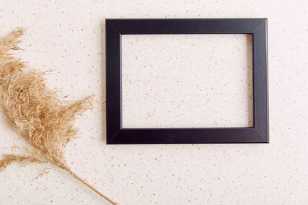 Empty interior black wall frame mockup, minimalist template with cane.の写真素材