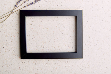 Empty interior black wall frame mockup, template with lavender.