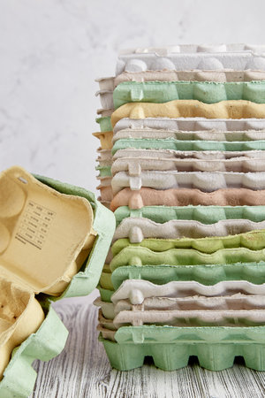 Sustainable, recycled, zero waste, natural lifestyle, packaging waste concept. Close up of eggs...