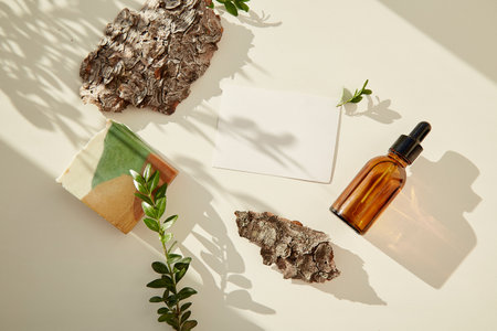Dropper serum glass bottle of hyaluronic acid, natural soap among pebbles and tree bark. stationery card mockup. copy spaceの写真素材