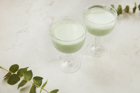 Aesthetic green healthy cocktails. Low alcohol, zero proof drinks. natural lightの写真素材
