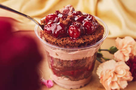 Close up of natural lactose free, vegan, healthy layered dessert with fresh cherry. Desserts using the trend Dreamy Escapism.の写真素材