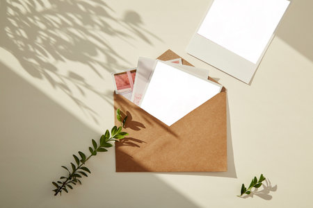 Beige paper envelope with photography mock up, green branch under shadows. Collection of greeting cards, postcard, invitationの写真素材