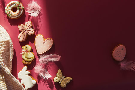 Easter background of Viva Magenta color with shadows and copy space flat lay. Festive cookies with glazing, Easter food.の写真素材