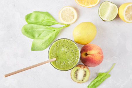 Green smoothie with kiwi, citrus, spinach, peach. Vegan, FODMAP, KETO, plant-based diet. Healthy drink.の写真素材