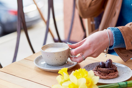 Springtime Snack - relaxed moment with coffee and dessert among fresh daffodils.の写真素材