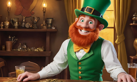 Happy leprechaun with red beard character embodying the spirit of St. Patrick's Day festivities. Extra wide banner. Copy space.の素材