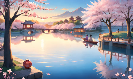 Sunset serenity at a traditional Japanese riverside. AI illustrationの素材