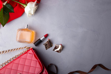 High-end fashion details with roses and makeup for a luxe aesthetic. Copy space.の写真素材