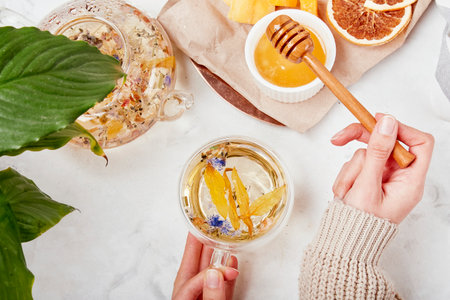 Organic mountain blend - refreshing herbal infusion concept.の写真素材