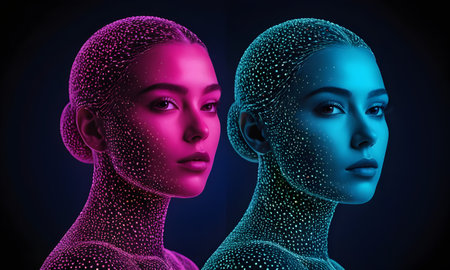 Profiles of two women with radiant pink and blue digital skin. Symbolize the intersection of humanity with technology, future of AI and human identity concept. AI illustrationの素材