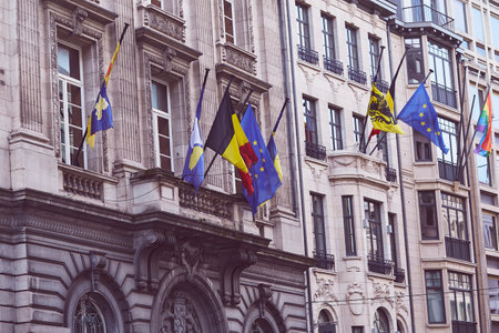 Streets of Brussels with the flags of Belgium, the EU.の写真素材