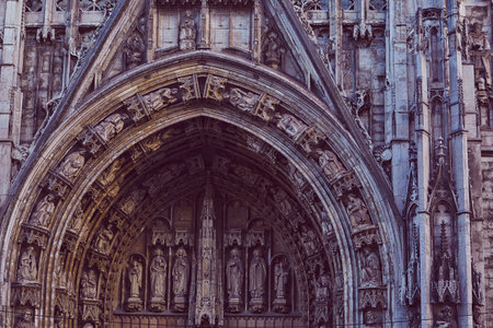 Ancient gothic elements of church in Brussels, city view on evening light.の写真素材