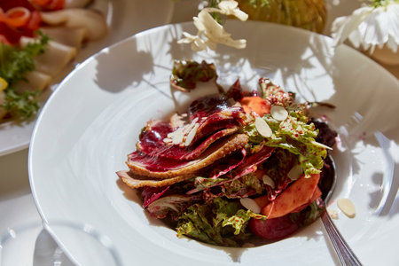 Elegant Fine Dining Plate with Sliced Duck, Leafy Salad, and Beetroot Dressing.の写真素材