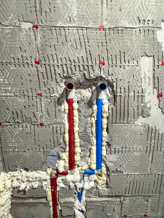 Plastic water supply pipes in blue and red colors installed in floor during apartment renovation....