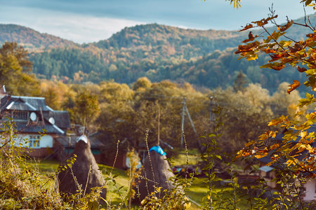 Autumn rural mountain homes and haystack, panoramic background.の写真素材