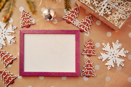 Christmas homemade gingerbread cookies with mock up frame. Homemade baked cookies. Festive aesthetic...