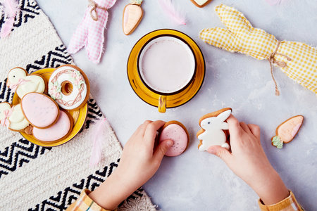 Easter traditions in flat lay. Easter cookies for kids background.