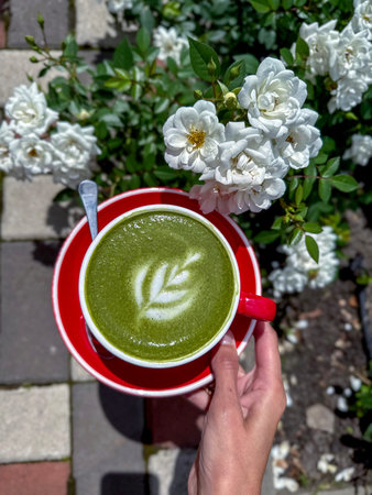 Matcha tea in the garden. Slow living, self-care, wellness, peaceful mornings and natural energy...