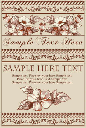 Beautiful blooming flowers. Vintage greeting card. Frame. Drawing engraving. Freehand. Apple wildflowers. Floral. Wallpaper baroque. Vector thanks victorian Illustrationのイラスト素材