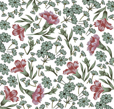 Flowers Carnation. Drawing engraving. Freehand realistic pattern. Beautiful background retro...