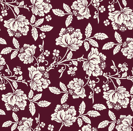 Flowers classic pattern. Beautiful brown baroque flowers Vintage background blooming tapestry Drawing engraving. Freehand Wallpaper Vector victorian style realistic Illustrationのイラスト素材