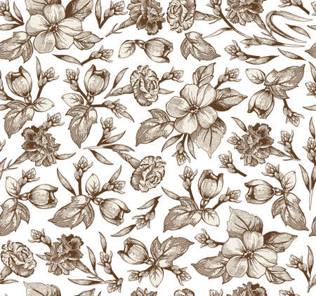Seamless pattern. Beautiful blooming realistic isolated flowers. Vintage background fabric. Carnation Apple wildflowers. Wallpaper baroque. Drawing engraving sketch Vector victorian style illustrationのイラスト素材