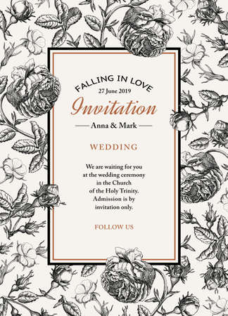 Wedding marriage thanks invitation. Beautiful blooming flowers fabric. Vintage greeting card. Frame. Drawing engraving. Rose agrostemma isolated floral Wallpaper background Vector baroque Illustrationのイラスト素材