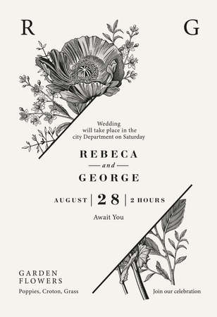 Wedding invitation. Poppy croton isolated floral. Beautiful blooming realistic flowers. Vintage greeting card. Frame. Drawing engraving. Wallpaper background baroque. Vector victorian Illustration.のイラスト素材