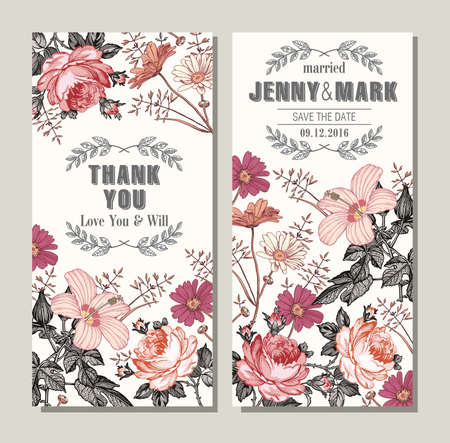 Chamomile Roses Hibiscus isolated. Thank you. Wedding invitation baroque Frame. Beautiful blooming realistic flowers. Vintage greeting card. Drawing engraving. Wallpaper Vector victorian illustrationのイラスト素材