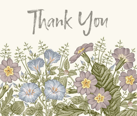 Wedding marriage invitation. Beautiful blooming flowers wreath. Vintage greeting card Frame Drawing engraving. Primula, Petunia, heliotrope isolated floral. Wallpaper background vector Illustrationのイラスト素材