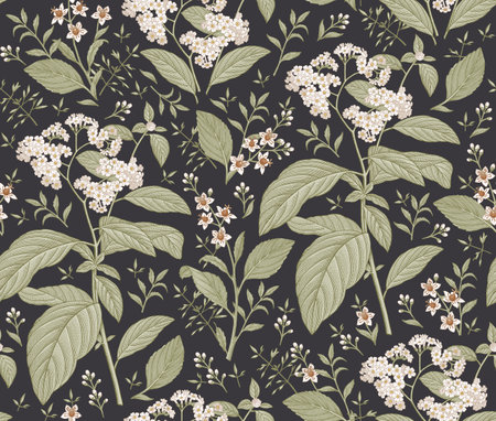 Seamless pattern. Heliotrope garden wildflowers. Beautiful blooming realistic isolated flowers. Vintage background fabric Wallpaper baroque Drawing engraving sketch Vector victorian illustration retroのイラスト素材