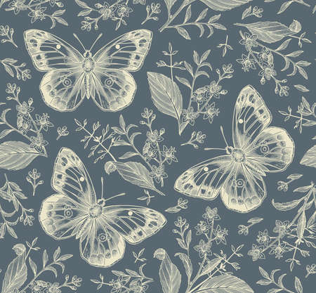 Seamless pattern Butterflies moths insect fly animals Blooming realistic isolated Flowers Vintage fabric background Wallpaper Tropical Drawing engraving Vector Illustrationのイラスト素材