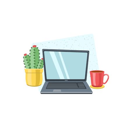 Composition with an open laptop coffee and a plant. Online work or education concept. Flat vector illustration isolated on whiteのイラスト素材