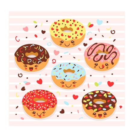 Set of kawaii colorful donuts, cute characters. Doughnuts collection into glaze with cute faces for your design and cafe decoration. Isolated vector flat illustration in cartoon styleのイラスト素材
