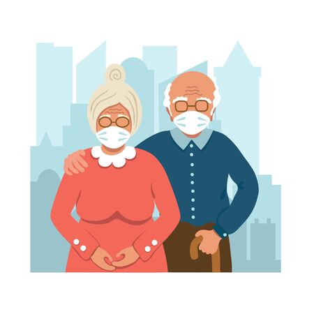 Family of aged people wearing protective medical mask staying together on the background of the city. Protection from virus. Coronavirus prevention concept. Vector illustration drawing in flat styleのイラスト素材