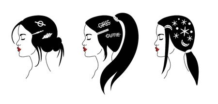 Set of  fashion girl profiles with trendy hairstyle for women. Women with hairpins and hair clips with pearls on hair. Vector illustration for print, t-shirt design, poster, banner. Isolated on white background.のイラスト素材