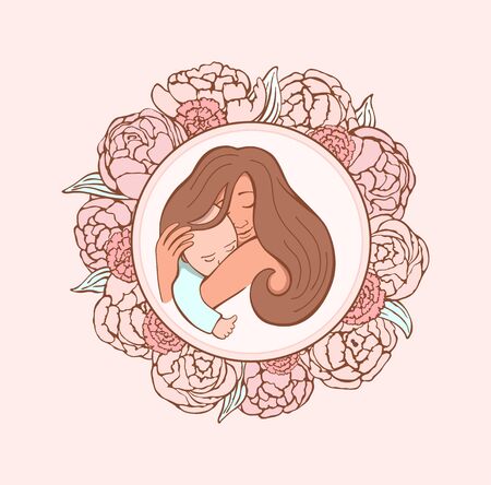 Mom hugs baby on pink background with flowers wreath. Happy motherhood, parental care and love concept. Invitations and greeting cards template. Vector illustration in hand drawn style. のイラスト素材