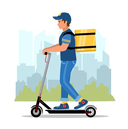 Safety motorized scooter delivery and service concept. Courier with a box on the city background. Delivery man character riding e scooter. Vector illustration in flat style.のイラスト素材
