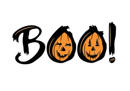 Halloween holiday quote Boo! with pumpkins. Template for posters and card design. Vector illustration.のイラスト素材