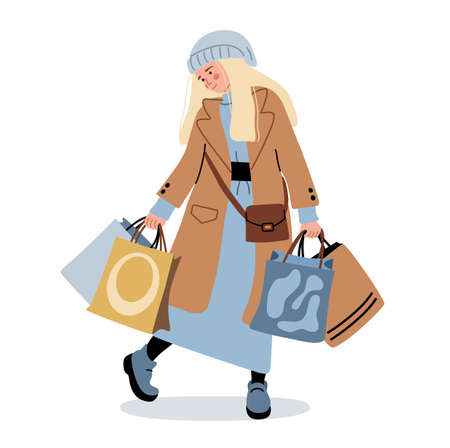 Blonde woman in fashionable clothes with shopping bags. Seasonal sale. Cute vector illustration drawing in flat style. Happy woman or girl shopping sale concept.のイラスト素材